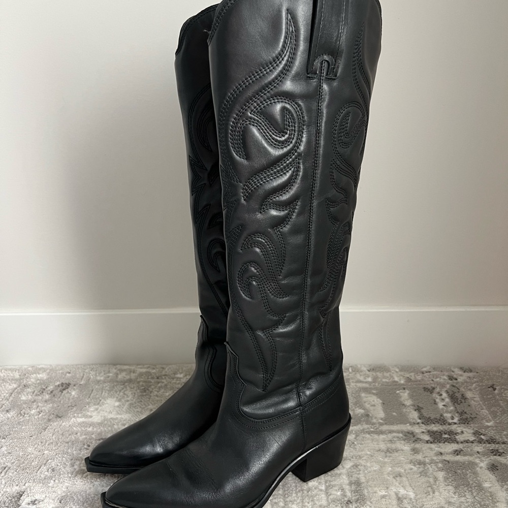 Zara Black Leather Knee-High Cowgirl Boots